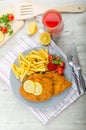 Schnitzel with french fries and a spicy dip Royalty Free Stock Photo