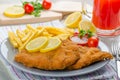 Schnitzel with french fries and a spicy dip Royalty Free Stock Photo