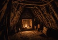 A scholar documenting the mysterious symbols adorning the walls of the witch-s hut in the dark swamp.