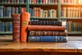 Scholarly collection Book stack on a wooden table background