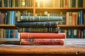 Scholarly collection Book stack on a wooden table background