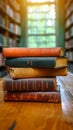 Scholarly collection Book stack on a wooden table background