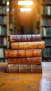 Scholarly collection Book stack on a wooden table background