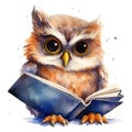 Scholarly Owl Reading a Book, Watercolor illustration