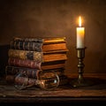 Scholarly Still Life with Old Books and Candle Royalty Free Stock Photo