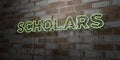 SCHOLARS - Glowing Neon Sign on stonework wall - 3D rendered royalty free stock illustration