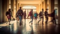 Scholars meandering through school hallway during the early hours. Generative AI