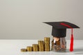 Scholarship concept. Graduation cap and stacked coins on white table