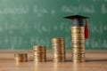 Scholarship concept. Graduation cap and stacked coins on wooden table