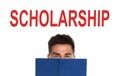 Scholarship concept. Student with book on white background