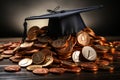 Scholarship dreams, graduation hat with coins on white backdrop