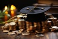 Scholarship fund symbol, graduation hat on coins - white background