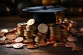 Scholarship fund symbol, graduation hat on coins - white background