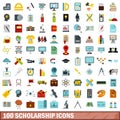 100 scholarship icons set, flat style