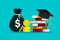 Scholarship for knowledge. Investment in education of student. Hat on stack of books and money for tuition. Study fee. Concept of