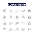 Scholarship line vector icons and signs. Award, Fund, Subsidy, Bursary, Endowment, Prize, Stipend, Financing outline