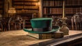 Scholastic Charm: Fedora Hat on Academic Book in Old School Library Royalty Free Stock Photo