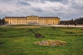 Schonbrunn Palace with people in front of it surrounded by vast gardens, Austria, Vienna, Schloss,