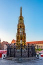 Schoner Brunnen in German town Nurnberg during sunrise