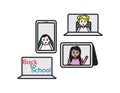 Set of online classroom, kids on laptop, smartphone and tablet screen and color back to school text on laptop screen