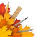 School accessories in the autumn foliage Royalty Free Stock Photo