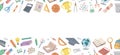 School accessories banner. School supplies. Basketball ball, trophy, diploma, notebook, microscope, pencil, paper clip Royalty Free Stock Photo