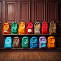 School accessories colorful school bags on a wooden shelf, blue