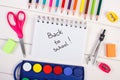 School accessories for education on white boards, back to school in notepad Royalty Free Stock Photo