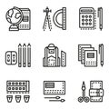 School accessories flat line icons