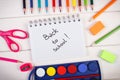 School accessories on white boards, back to school concept Royalty Free Stock Photo