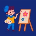 Little Boy Painting Picture on Easel, Kids Hobby or Creative Activity Vector Illustration