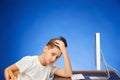 School-age boy sitting in front of the monitor laptop at studio Royalty Free Stock Photo