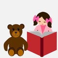 A school-age girl is reading a book to her teddy bear friend Royalty Free Stock Photo