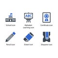 School, Alphabet Learning, Certificate, Pencil, Eraser, Sharpner, icon Royalty Free Stock Photo