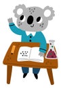 School animal character. Funny forest student in uniform. Cartoon koala pupil sitting at classroom table. Chemistry