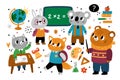 School animal characters. Forest students in uniform. Bunny with glasses. Wolf at desk pulls hand. Fox with backpack