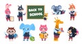 School animal characters. Funny cartoon kids reading writing and studying at school, educational illustration. Vector
