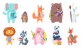 School animals. Funny zoo kids with backpacks and other school equipment squirrel elephant bear fox vector characters