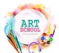 School art text vector template. Art school in empty paper space with coloring and drawing materials. Royalty Free Stock Photo