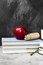 School attributes - books, colored pencils, notebook, apple on d Royalty Free Stock Photo