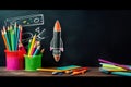 A school background, a blackboard with a rocket drawn and chalk and colored pencils. Ai generated