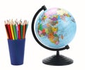 School background. Globe with colored pencils isolated on white background Royalty Free Stock Photo