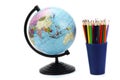 School background. Globe with colored pencils isolated on white background Royalty Free Stock Photo