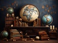 School background with globe, math board and things, grunge beige light background, books