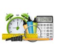 School background with realistic 3d calculator, retro alarm clock, ruler, pencil with erasor, markers and spyglass.