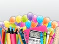 School background. Realistic vector illustration with colorful balloons, study supplies Royalty Free Stock Photo