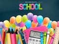 School background. Realistic vector illustration with colorful balloons, study supplies Royalty Free Stock Photo