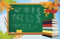 School background with symbols on blackboard