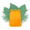 School Backpack around green leaves. Isolated on white background vector illustration. Back to school concept. Royalty Free Stock Photo