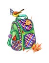 School Backpack With Autumn Leaves And A Bird, Watercolor Drawing